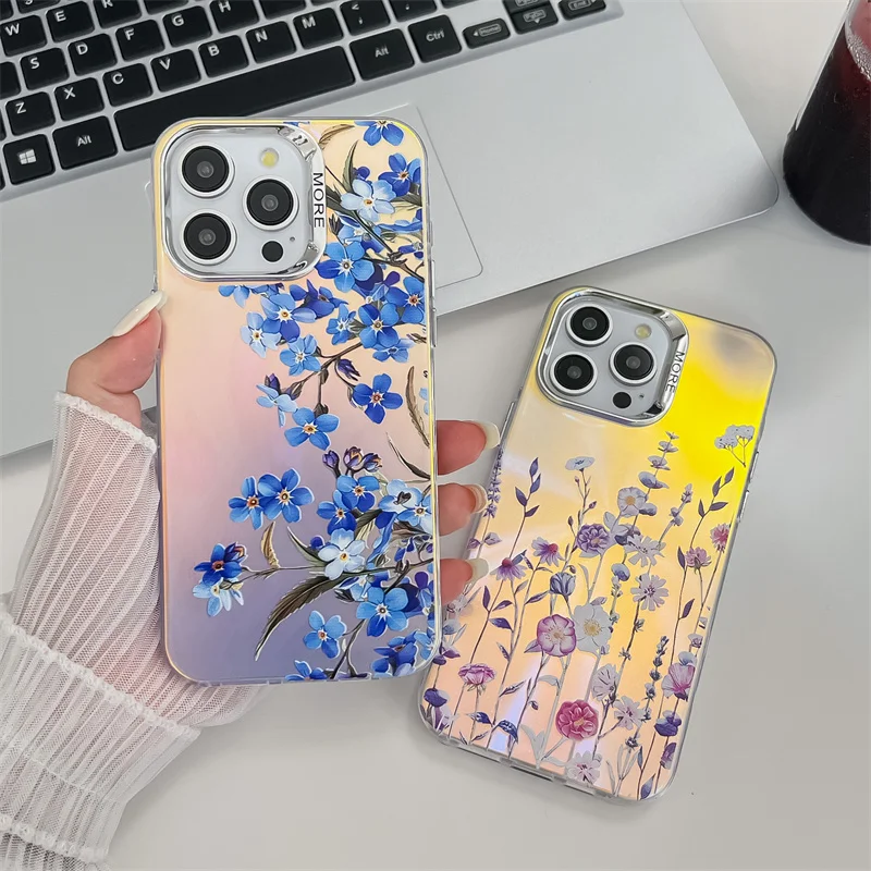 Coque de téléphone de luxe galvanisée à motif de fleur laser pour iPhone 16 15 14 13 Pro Max, coque arrière rigide antichoc en PC mat_voghion.com