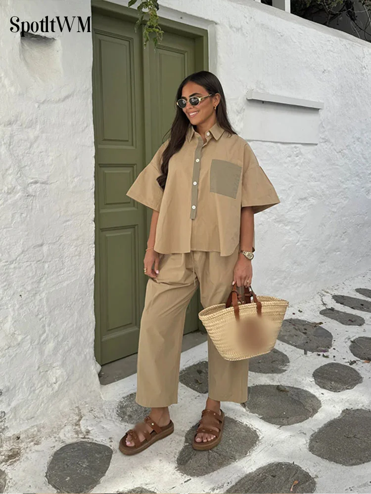

Женский брючный костюм из двух предметов, повседневная однобортная рубашка с отложным воротником и короткими рукавами, комплект из эластичных брюк
