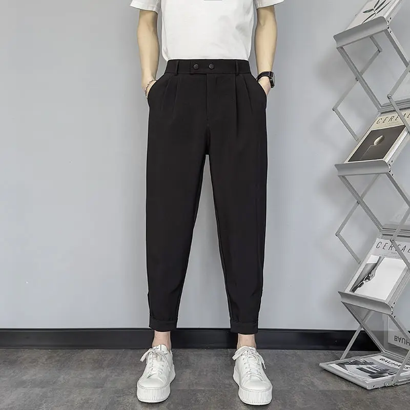 Spring and Autumn Fashion Trend Simple and Casual Loose Versatile High Waist Pocket Solid Color Nine Point Harlan Suit Pants