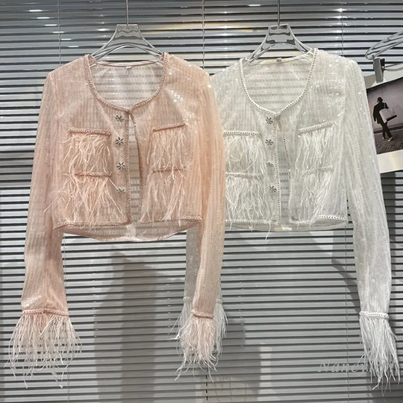 

2023 Spring and Summer Thin Jacket Woman New Ostrich Feather Stitching Sequin Gauze Sunscreen Short Coat Top Female Coats