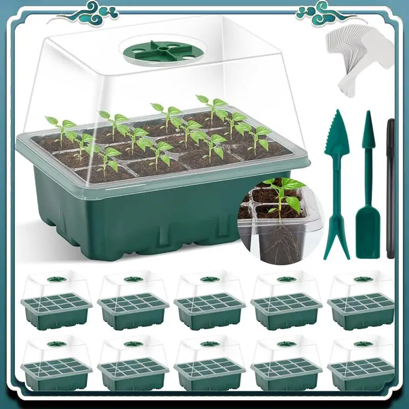 10 Pack Heightened Lids 120 Cells Seed Starter Kit Seedling Starting Trays With Humidity Dome, Green