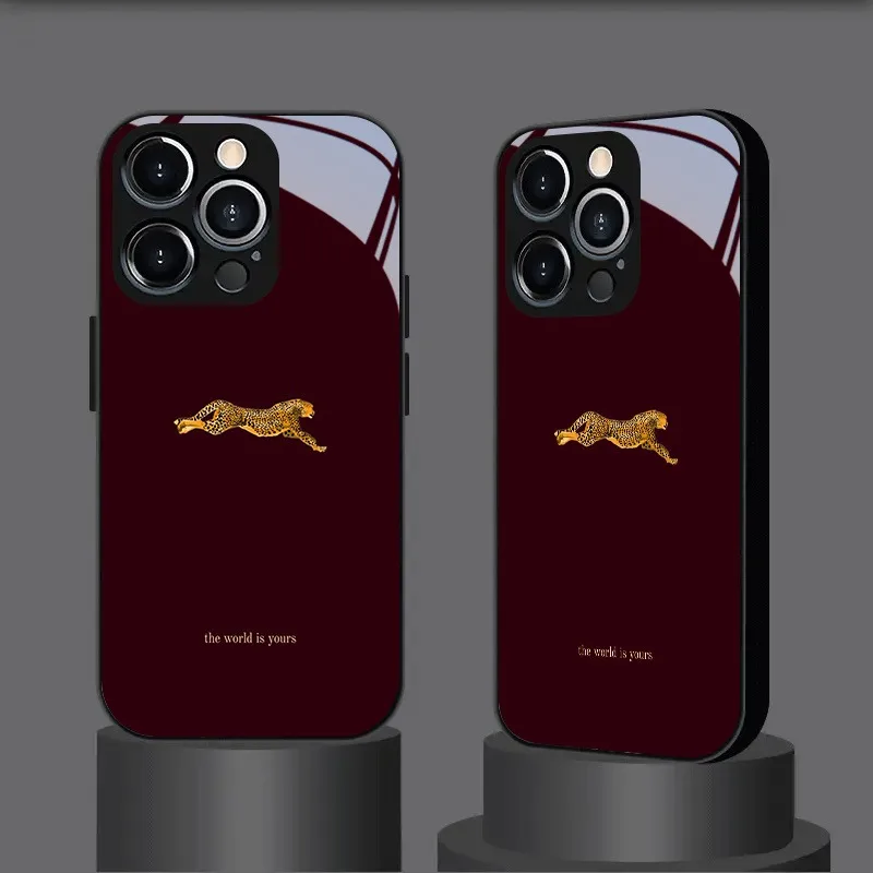 Stylish Wine Red Leopard Pattern Phone Case with Glass Silicone Frame