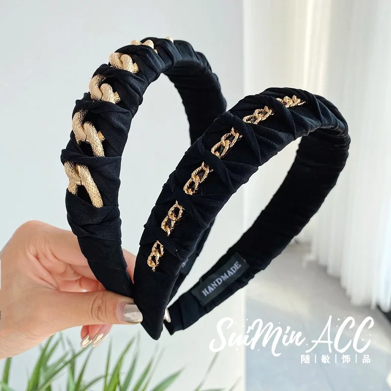Fashion Hair Accessories Alloy Chain Headband Braided Wide-brimmed Knotted Headband Retro Black Hair Trapped Face Wash Hair Hole maikun genuine leather thin belt women s two layer cowhide knotted leather belt stylish black dress sweater waistband