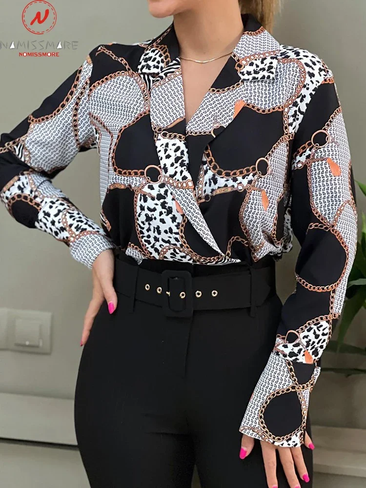 

Fashion Women Print Blouse Patchwork Design Turn-down Collar Long Sleeve Spring Autumn Loose Pullovers Top