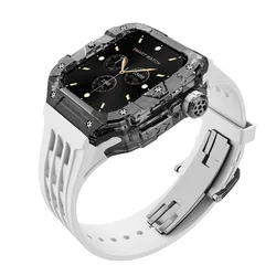Premium Transparent Apple Watch Case & Fluororubber Strap Kit with Metal Butterfly Buckle for Series10 46mm (WSB)