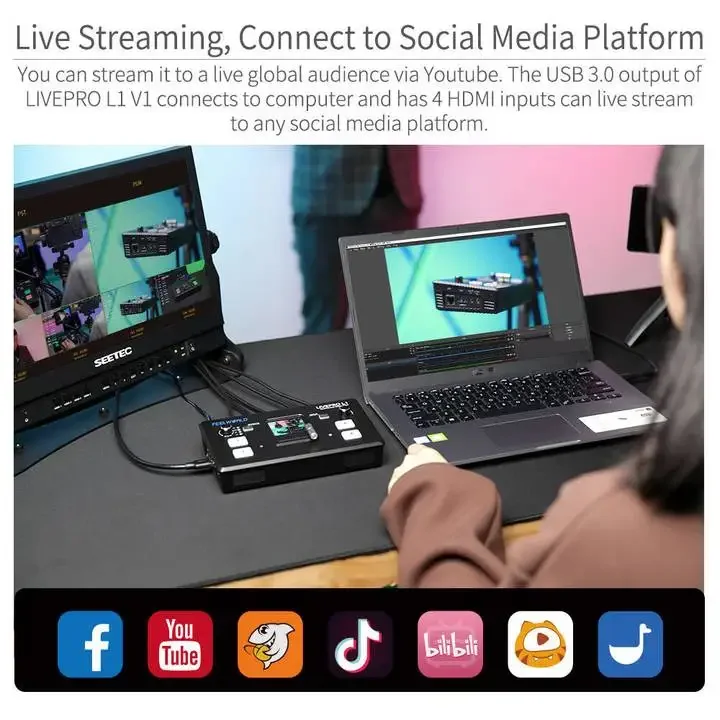 멀티 카메라 비디오 믹서 스위처, LCD 스크린, 4 HDMI 입력, USB 3.0 라이브 스트림, L1 V1