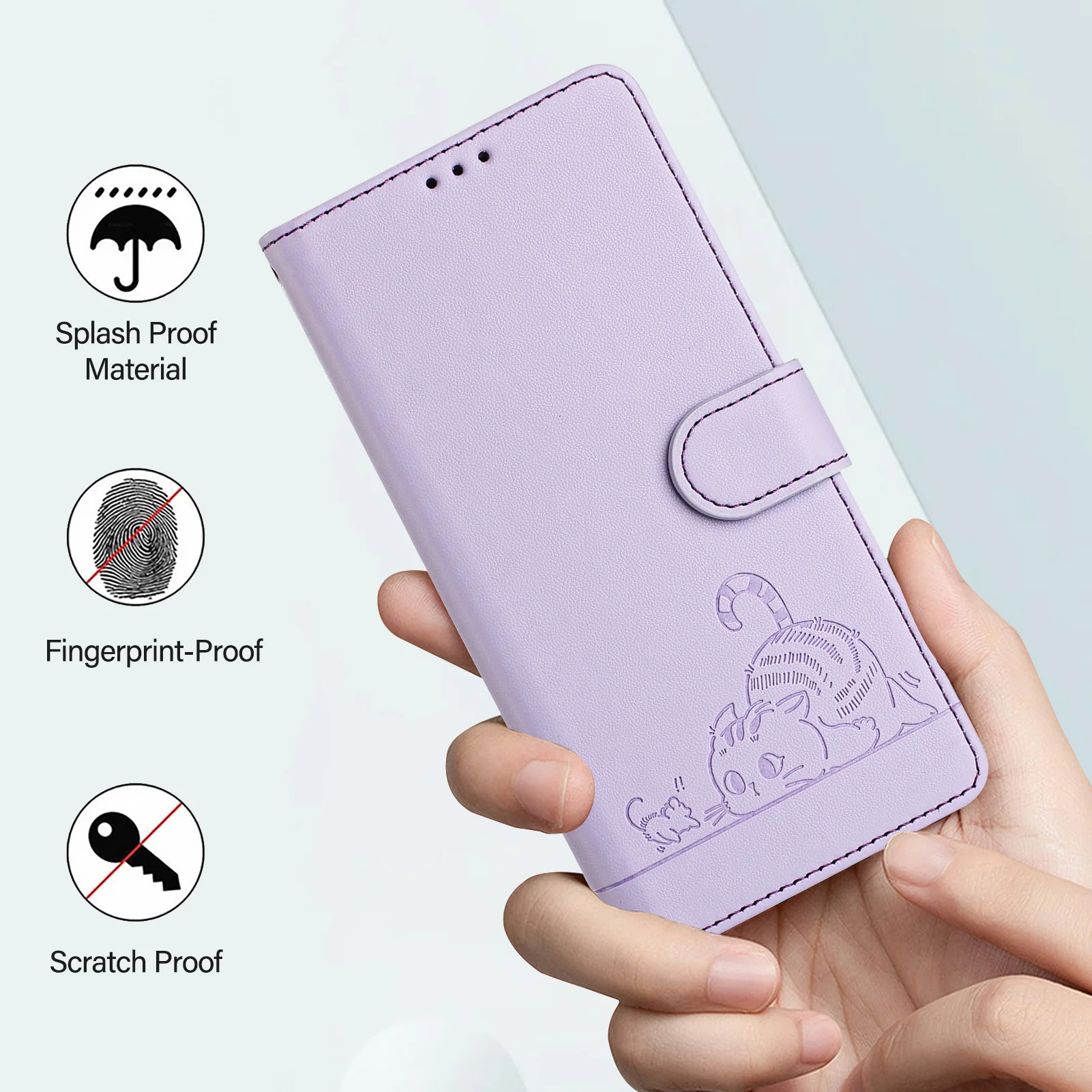 Cat Leather Phone Case Wallet with Wrist Strap and Flip Cover