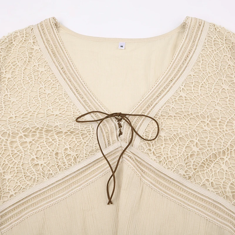 Elegant Beige Women Top Cotton V Neck Flare Sleeve Loose Fit Aesthetic Tee Shirt Vintage Chic Back Lace Up Pullovers
