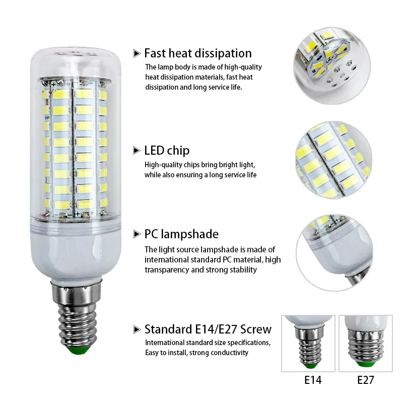 Led Light 10pcs/lot E27 Led Lamp AC 220V Corn Bulb 24 36 48 56 69 72leds SMD5730 E14 Chandelier Lighting