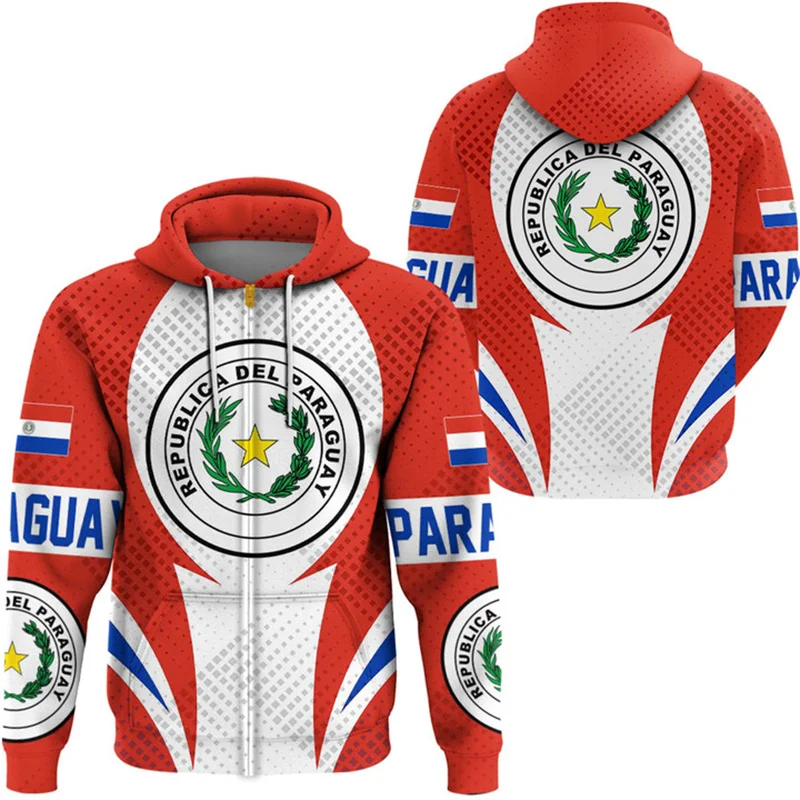 thumbnail image 1 of Sudadera con capucha y cremallera con estampado de bandera de Paraguay para hombre, sudaderas retro con estampado 3D, moda informal, jersey de gran tamaño con cremallera, camisetas de manga larga, 1 of 5