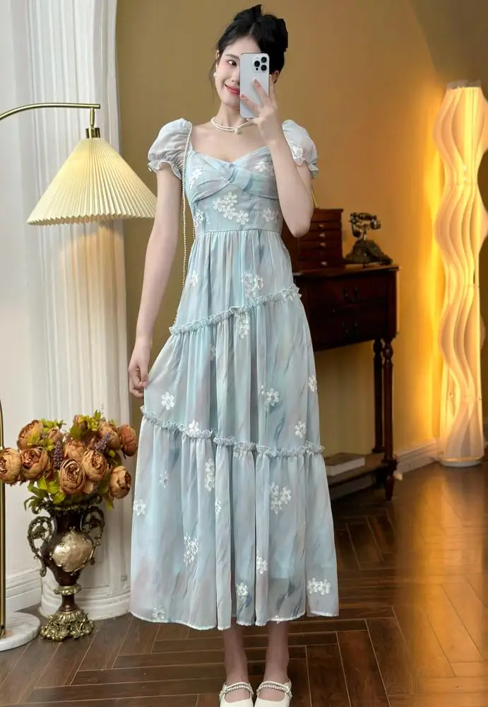 French Vintage Floral Ruffles Midi Dresses for Women Lace Square Collar Puff Sleeve Elegant Princess Birthday Party Dress New