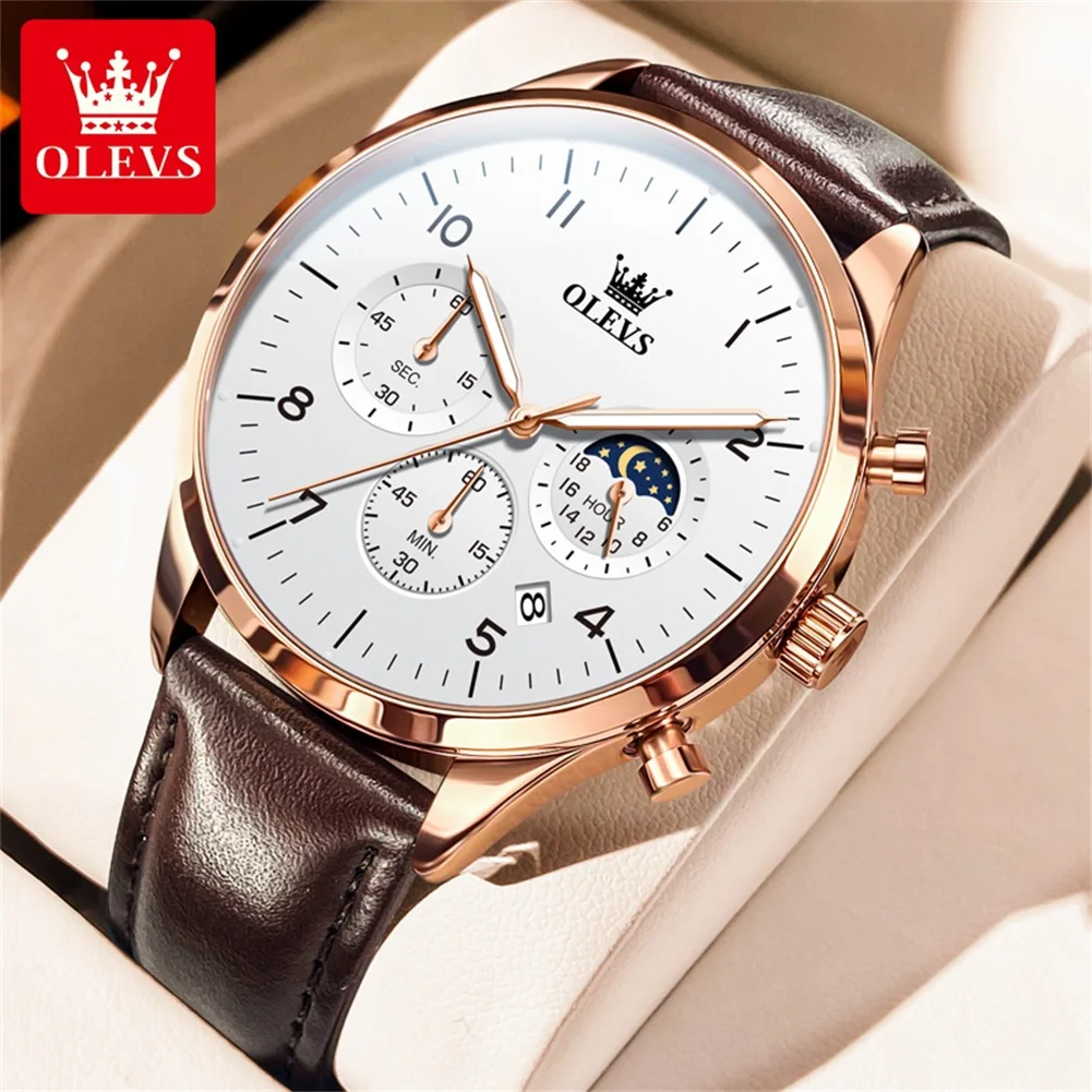

OLEVS 2882 New Business Quartz Watch For Men 42mm Big Dial Moon Phase Leather Men's Watches Waterproof Original Man Hand Clock