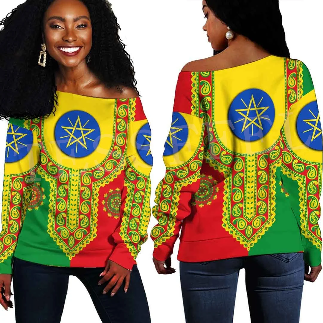 NewFashion Africa Country Ethiopia Flag Retro Tribe Off Shoulder Sweatshirt Long Sleeves 3DPrint Harajuku Women Funny Casual AG7