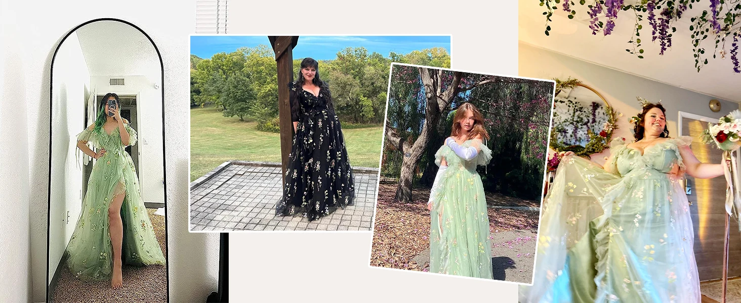 Blumenstickerei Tüll Ballkleider Lange Spaghettiträger Fee Schlitz Formelle Abendgesellschaft Kleid