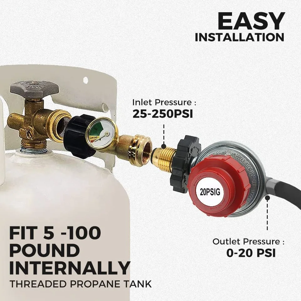 Adjustable 0-20PSI POL High Pressure Propane Regulator Valve Kit,1/4" NPT 3/8" Flare Male Fitting,5/16" 1/4" Hose Barb Connector