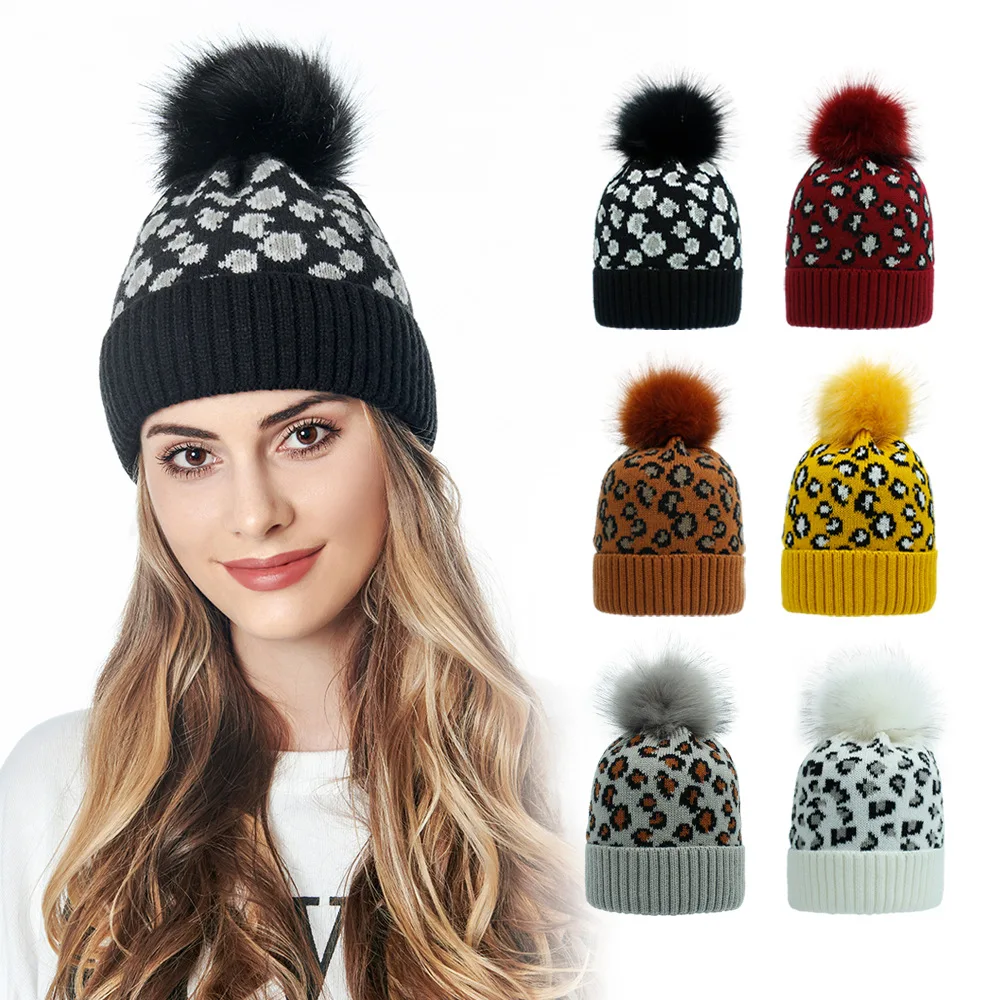 

Leopard Knitted Hats For Men Women Autumn Winter Beanie Hats Outdoor Winter Hat Thicken Warm Caps Boy Girls Trendy Pom Pom Hat