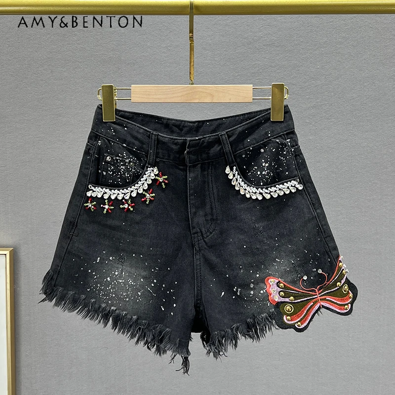 

Raw Edge Black Denim Shorts Women's Trendy 2024 New Summer High Waist Slimming Exquisite Rhinestone A-line Wide Leg Short Pants