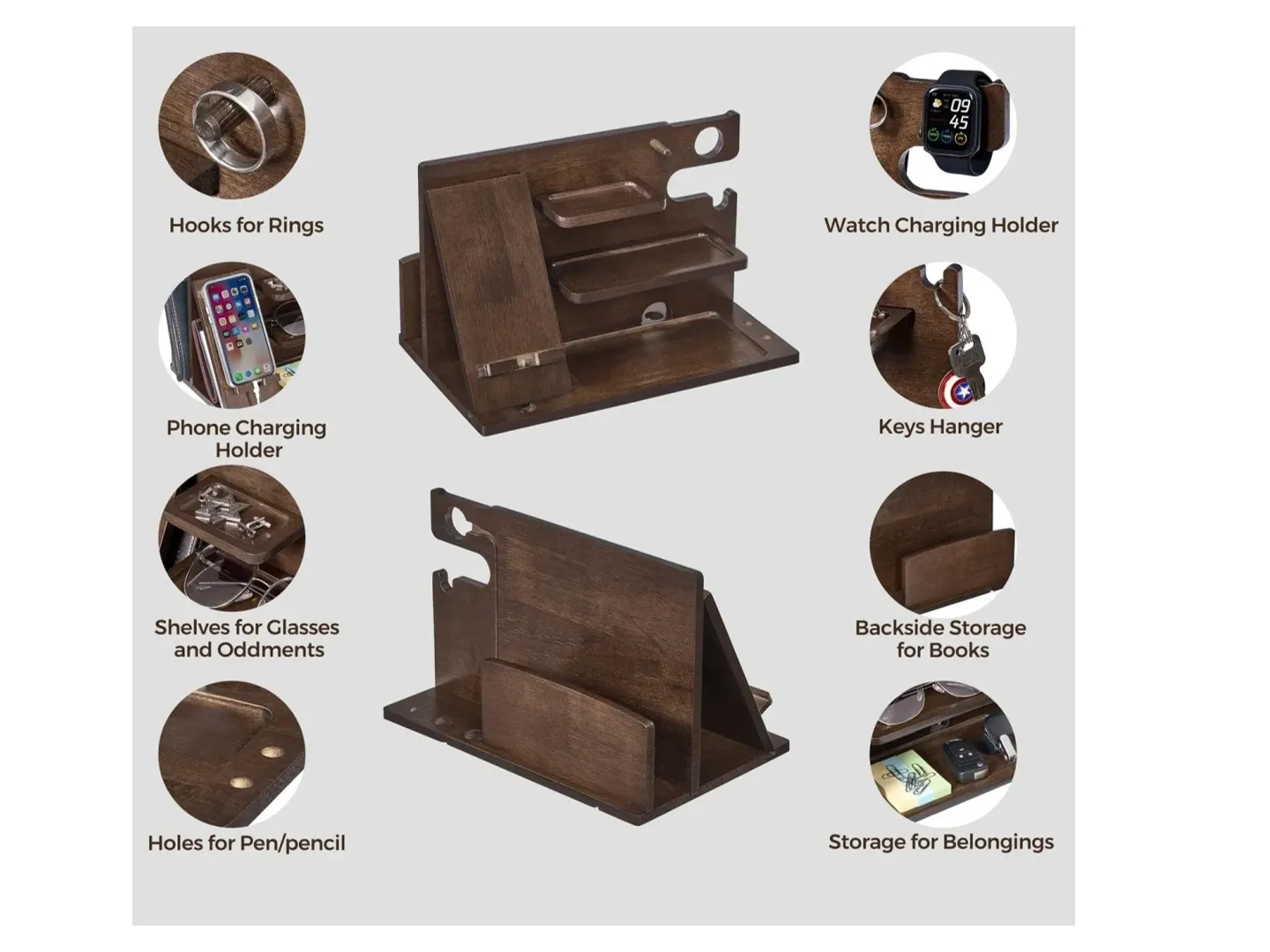 Wooden Walnut-colored Storage Shelf Bedside Stand for Watches Rings Glasses Headphones Miscellaneous Items in the Bedroom