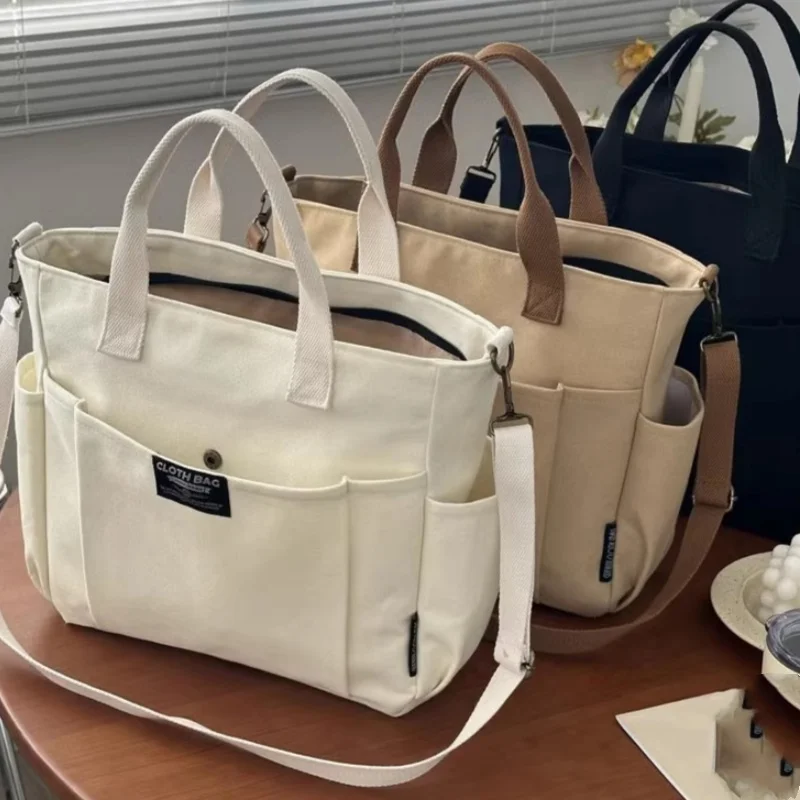 Urban Minimalist Female Student Large Capacity Commuting Horizontal Canvas Single Shoulder Diagonal Cross Portable Tote Bag