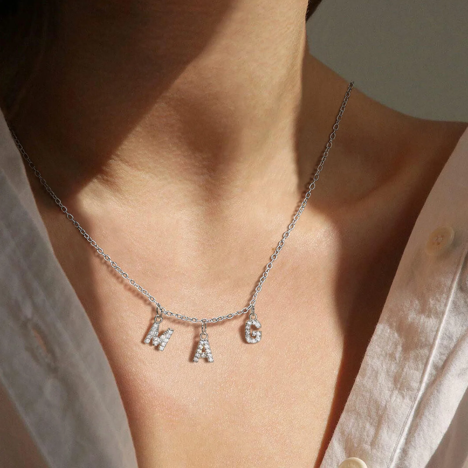 Aangepaste Naam Met Initiële Ketting Voor Vrouwen Moeder, Charmes Pave Letter Hanger, Roestvrij Staal Ketting Link Verstelbaar