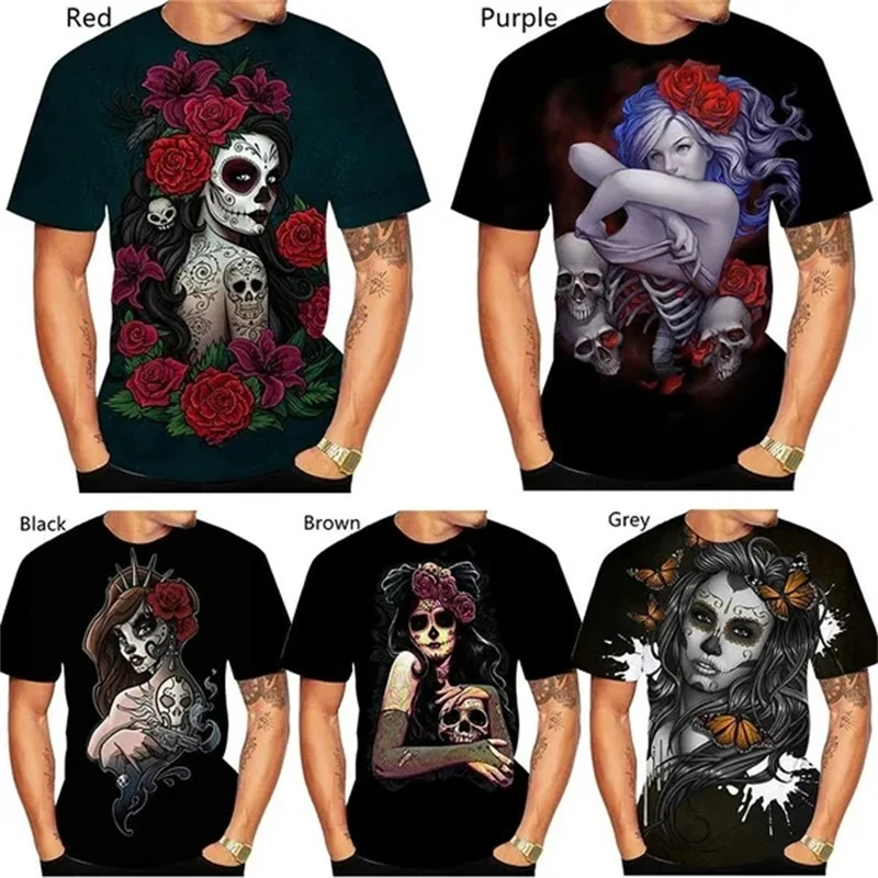 

Gothic Beauty Skull Tattoo 3D Printed Cool T-shirt Summer Men'sWomen's Casual Personality Short Sleeve T-shirt Terror Top Tees