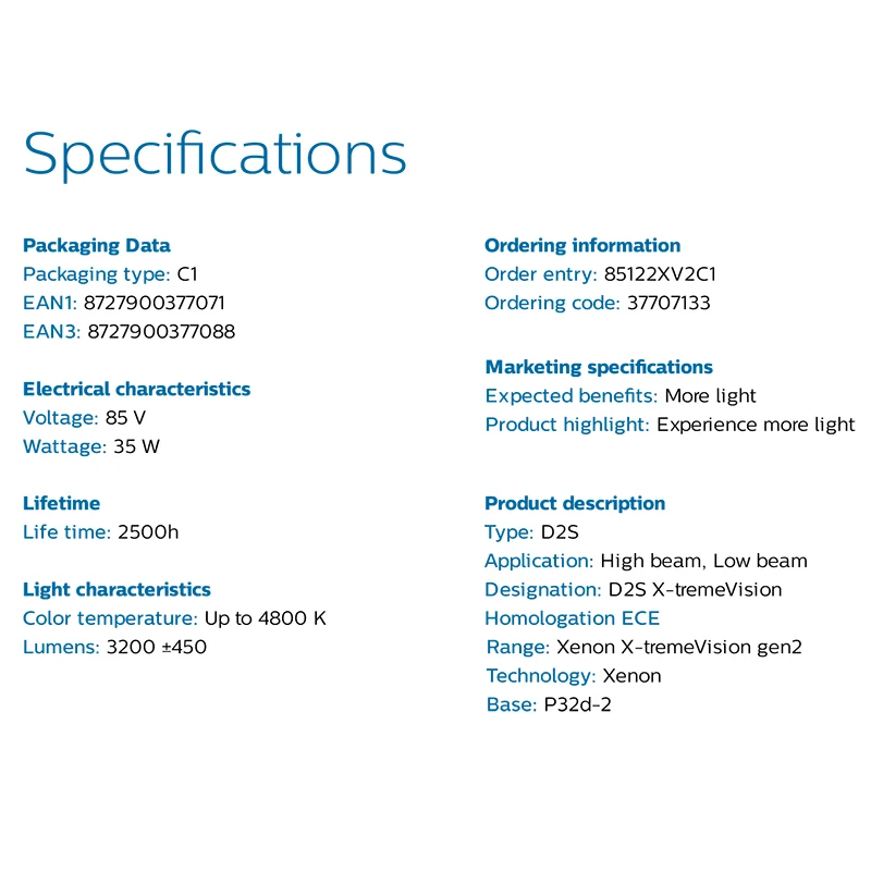 Philips X-treme Vision Plus D2S XV2 4800K +150% Bright White Xenon