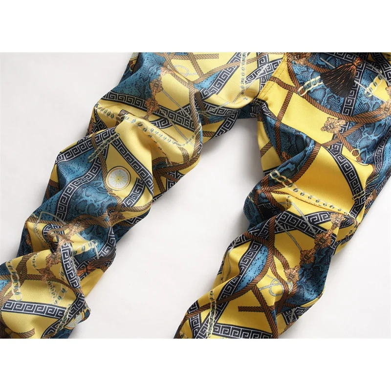 Full body printed pants men's fashion high-end men's slim fit stretch feet personality trendy handsome party casual jeans
