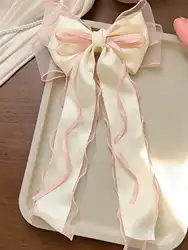Elegant Pink Lace Bow Hair Clip with Long Tail Ribbon - Perfect for Weddings, Proms, and Special Occasions (1Pcs Pink)