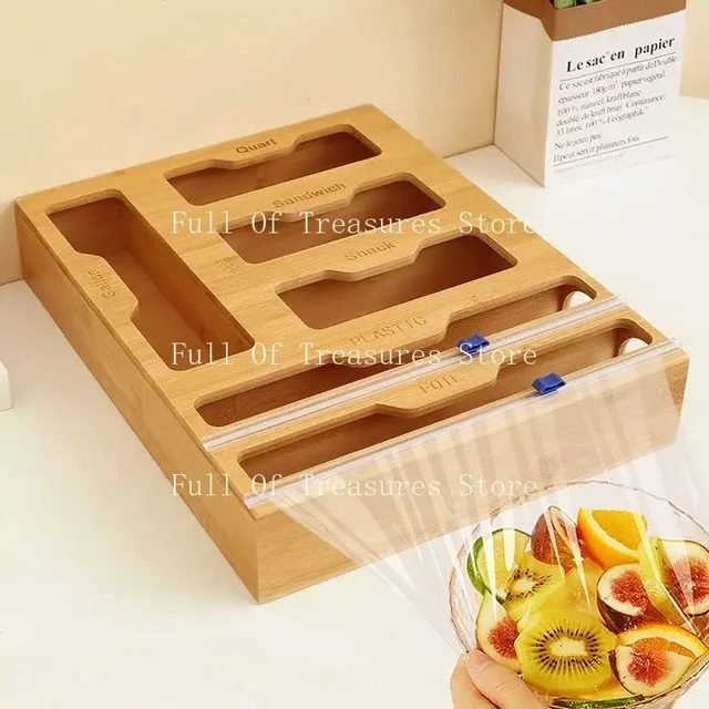 Bamboo Organizer Food Film Dispenser Wrap Dispenser with Cutter Storage Box Aluminum Foil Stretch Film Cutter Kitchen Accessorie 1