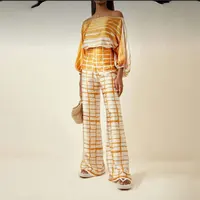 Women's Printed Satin 2-piece Set, Off Shoulder Lantern Sleeve Top, Wide Leg Pants, Elegant Office Shirt - Image 2