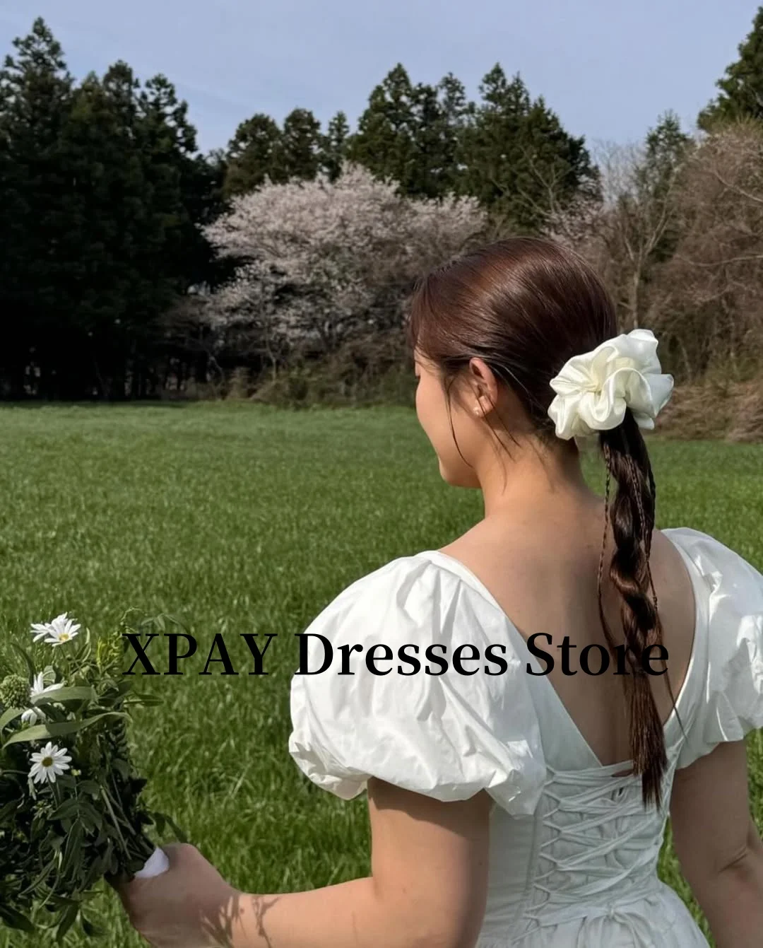 XPAY Puff Short Sleeves A Line Mini Wedding Party Dresses Square Neck Taffeta Bride Gowns Corset Back Customized 5
