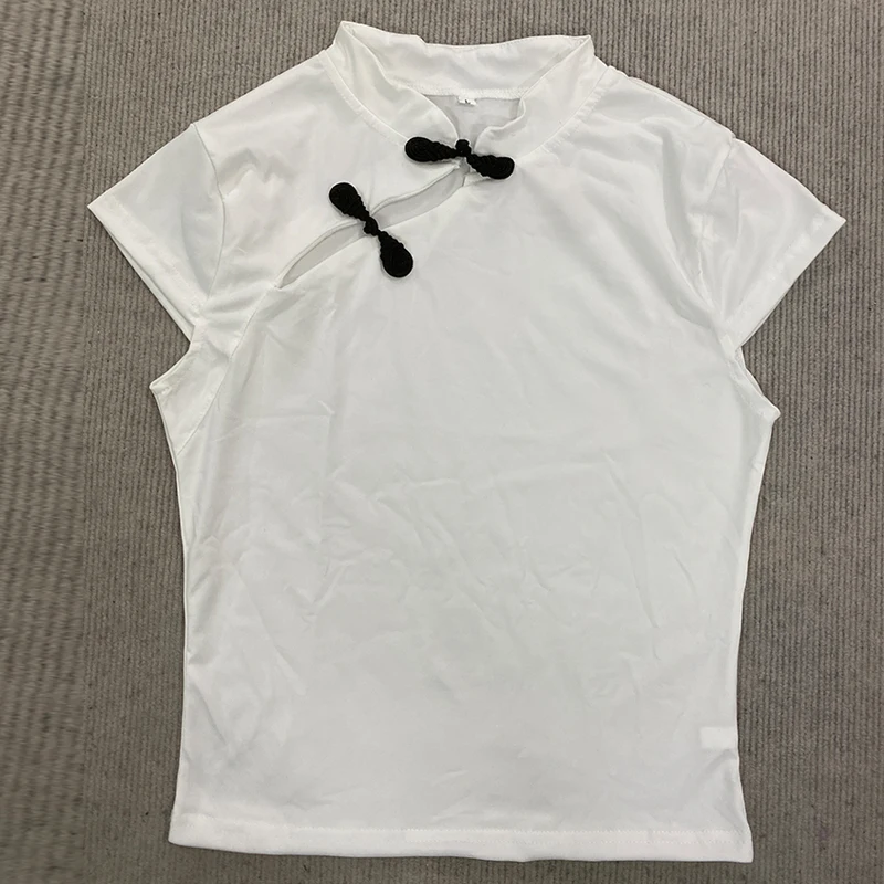 Women's Beige Chinese Style Cheongsam Blouse Vintage Mandarin Collar Short Sleeve Crop Top with Frog Button Keyhole Asymmetrical