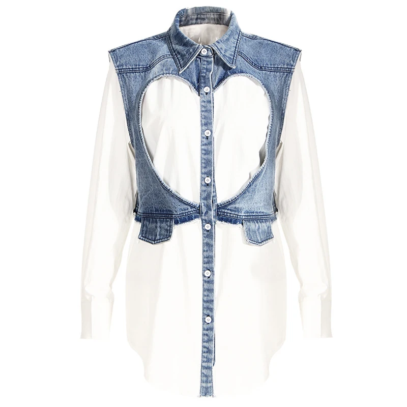 

Women Oversized Loose Cotton Denim Blouse Long Sleeve Patchwork False Two Piece Casual Blouses Shirts
