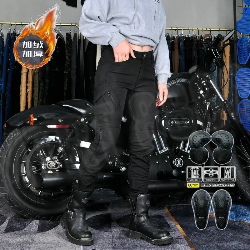 겨울용 오토바이 청바지 따뜻한 플러시 오토바이 바지 야외 라이딩 여행 방수 바지 보호 장비 포함 모토 청바지