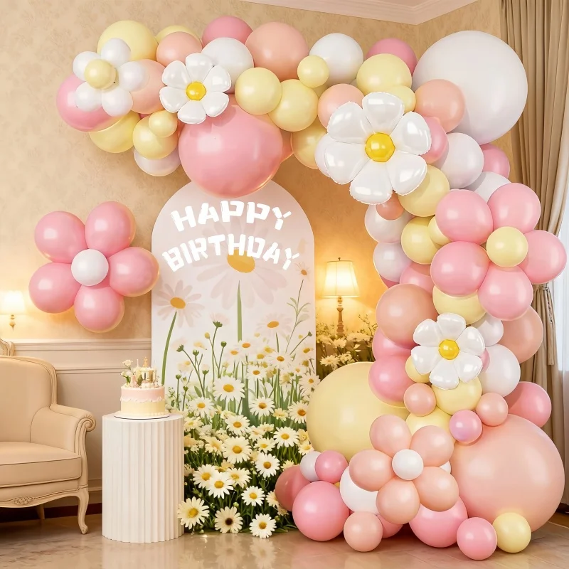 114-teiliges Ballonbogen-Set mit Frühlings-Gänseblümchen, Geburtstagsparty-Dekorationen, rosa und gelbes Blumenballon-Set, geeignet für Frühlingsgeburtstage, Babypartys, Hochzeiten im Freien, Partydekorationen, Top-Wahl