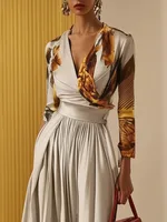 Freeacy Women's Elegant One-piece Suit Printed Deep V-neck Long Sleeves Jumpsuit 2025 Elastic High Waist Wide Leg Jumpsuits - Image 2