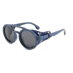 Vintage - Style Leather Round Sunglasses with UV400 Protection (Blue Blue)