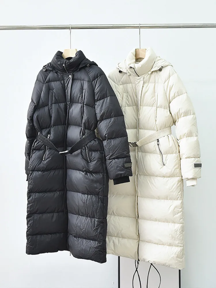 

Женский пуховик с длинным рукавом, плиссированный теплый пуховик средней длины на молнии, с поясом, приталенный жакет, новинка зимы 2023