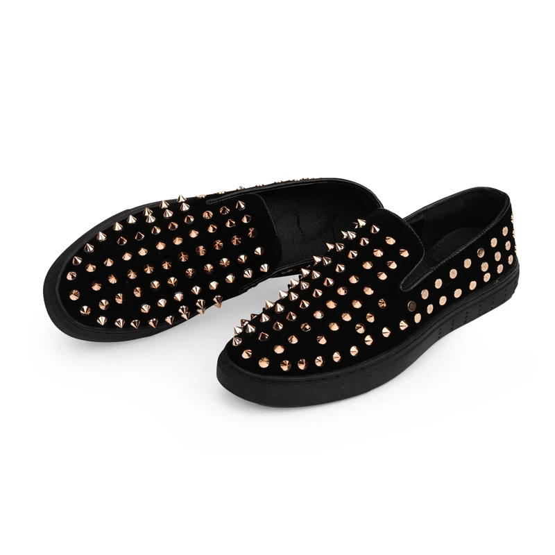 IGxx Elastic Rivet Shoes For Men Black Punk Metal Spikes Shoes Men's Clubs Flats Loafers Genuine Leather Motorcycle Shoes Men