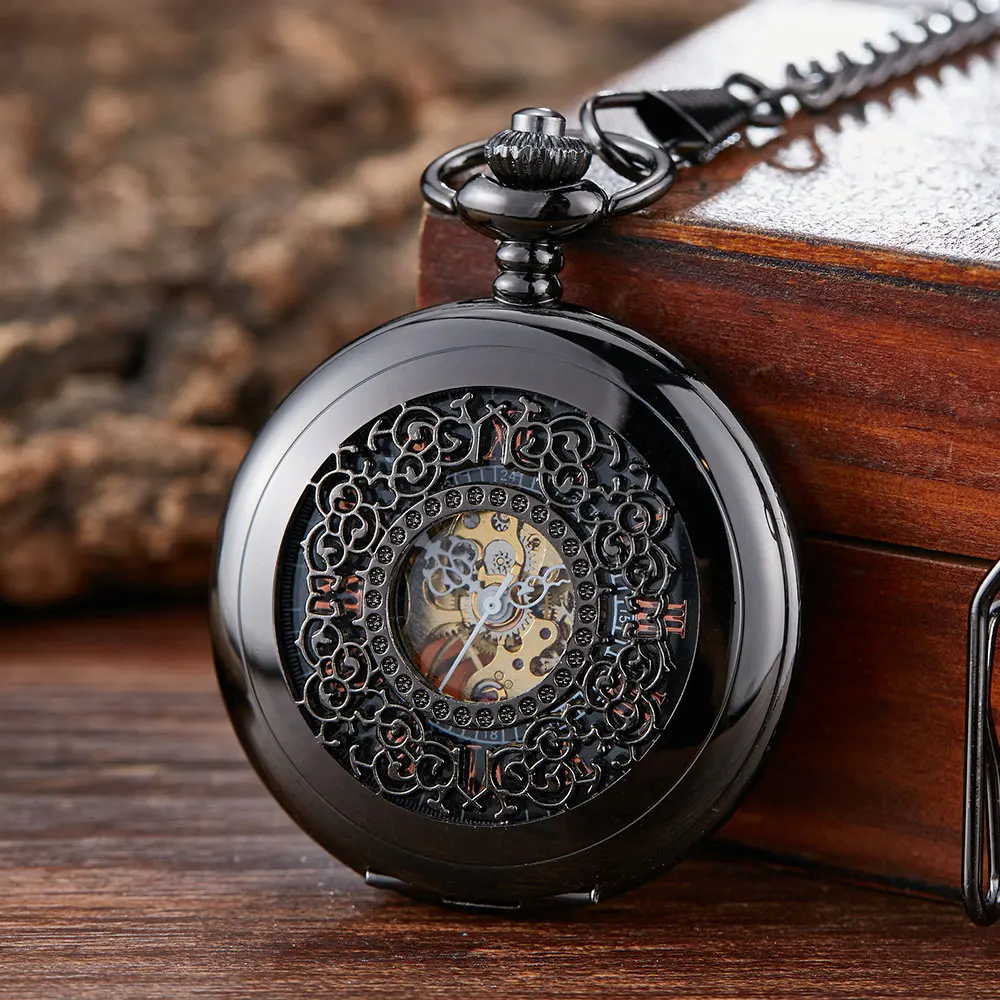 Black Hollow Flowers Smooth Mechanical Pocket Watch Men Skeleton Steampuk Hand Wind Pendant Clock Chain With Arabic Numerals