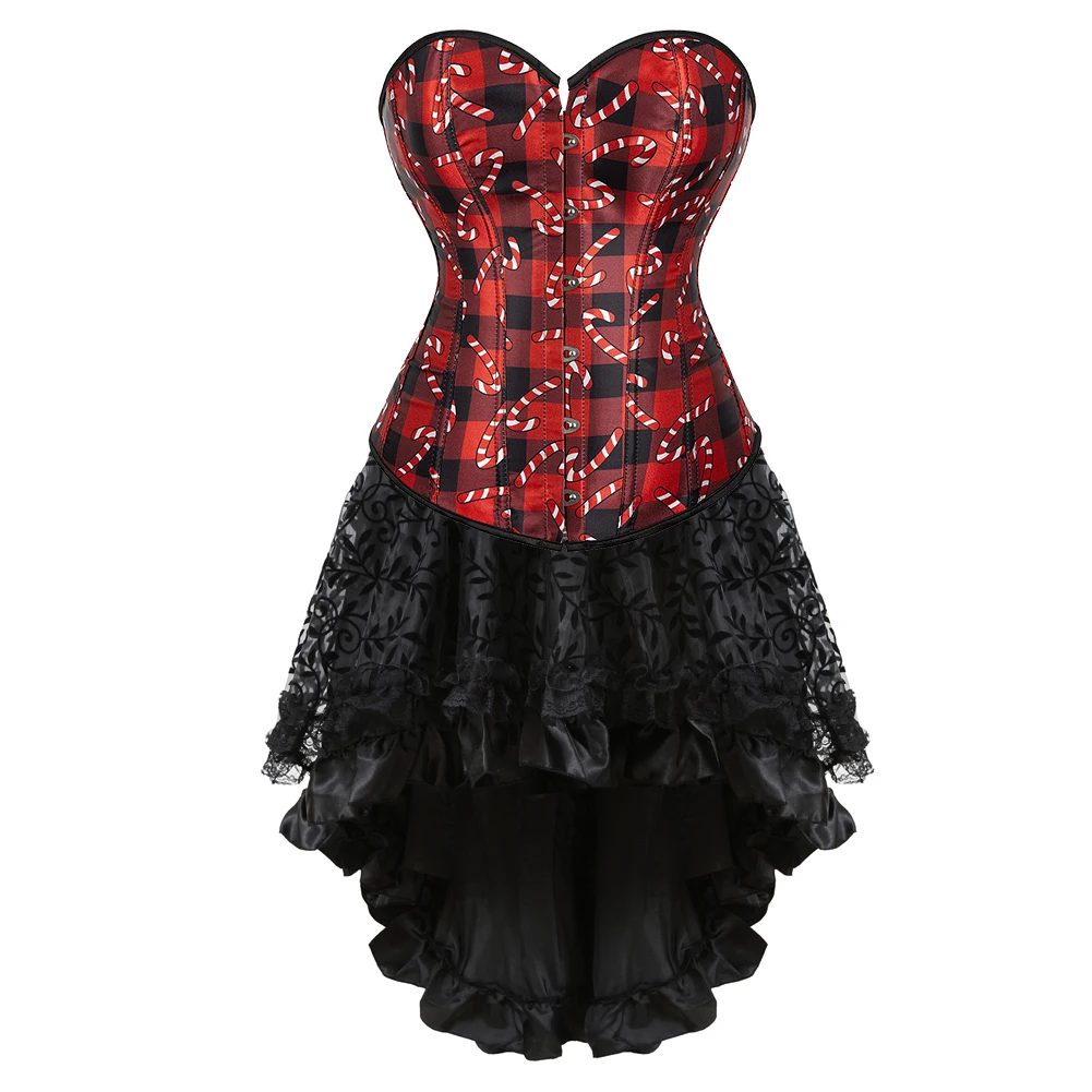 Christmas Corsets Dress for Women Santa Printing Bustier Top with Skirt Plus Size Burlesque Party Costume Fancy Rave Outfits