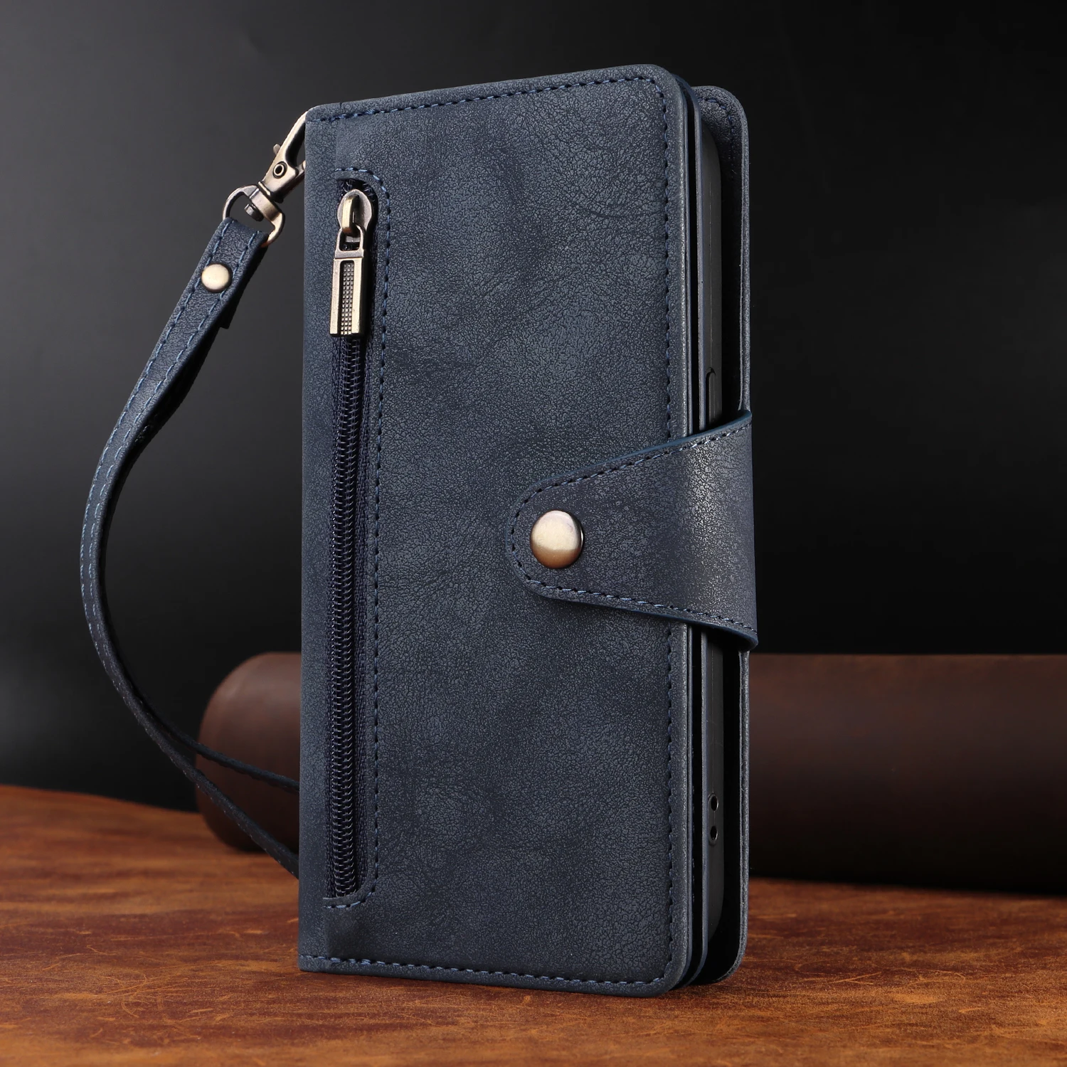 Universal Multi-Card Leather Wallet Case with Zipper, Kickstand, and Magnetic Closure