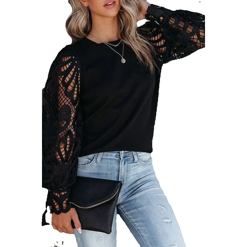 

2023 Autumn New Fashion Lace Spliced Round Neck Sweater Women's Temperament Commuter Hollow Sleeve Pullover Women