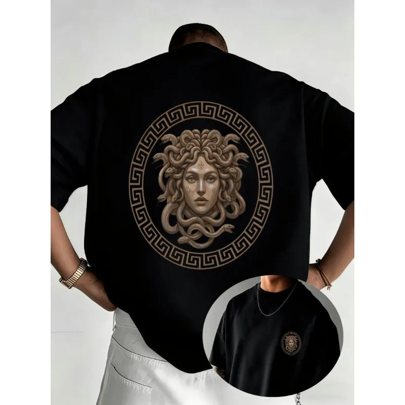 Europäisches und amerikanisches Retro-T-Shirt für Herren mit Medusa-Print und griechischem mythologischem Schlangenhaar-Monstermuster.