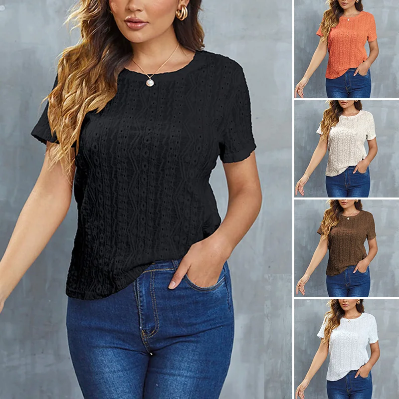 

Women Casual Hollow Shirt Pullover Blouse Round Neck Short-sleeved Solid Color Summer Vintage Elegant Fashion Tops 2023 Summer