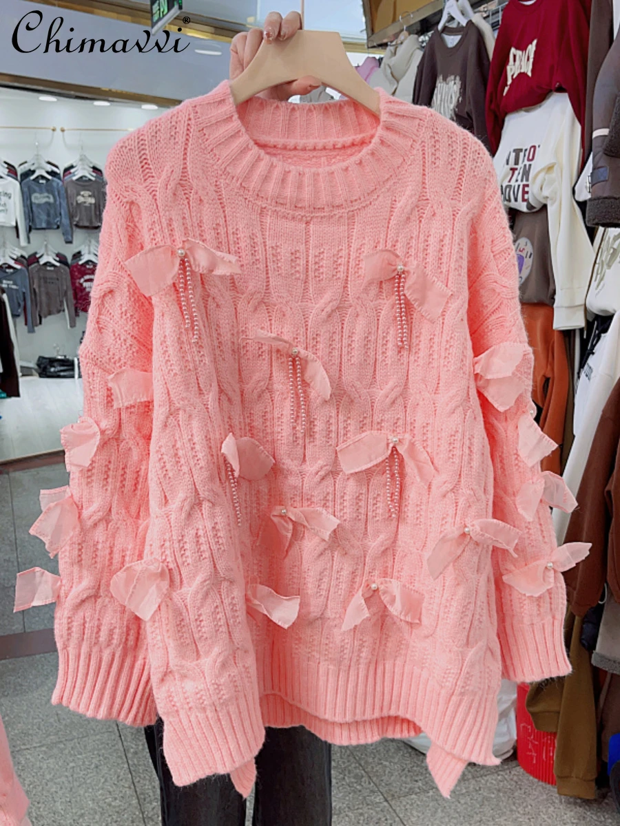 

2023 Winter Clothes New Heavy Beads Rhinestone Tassel Bow Pullover Knitted Top Loose Slimming Thickened Sweater for Women