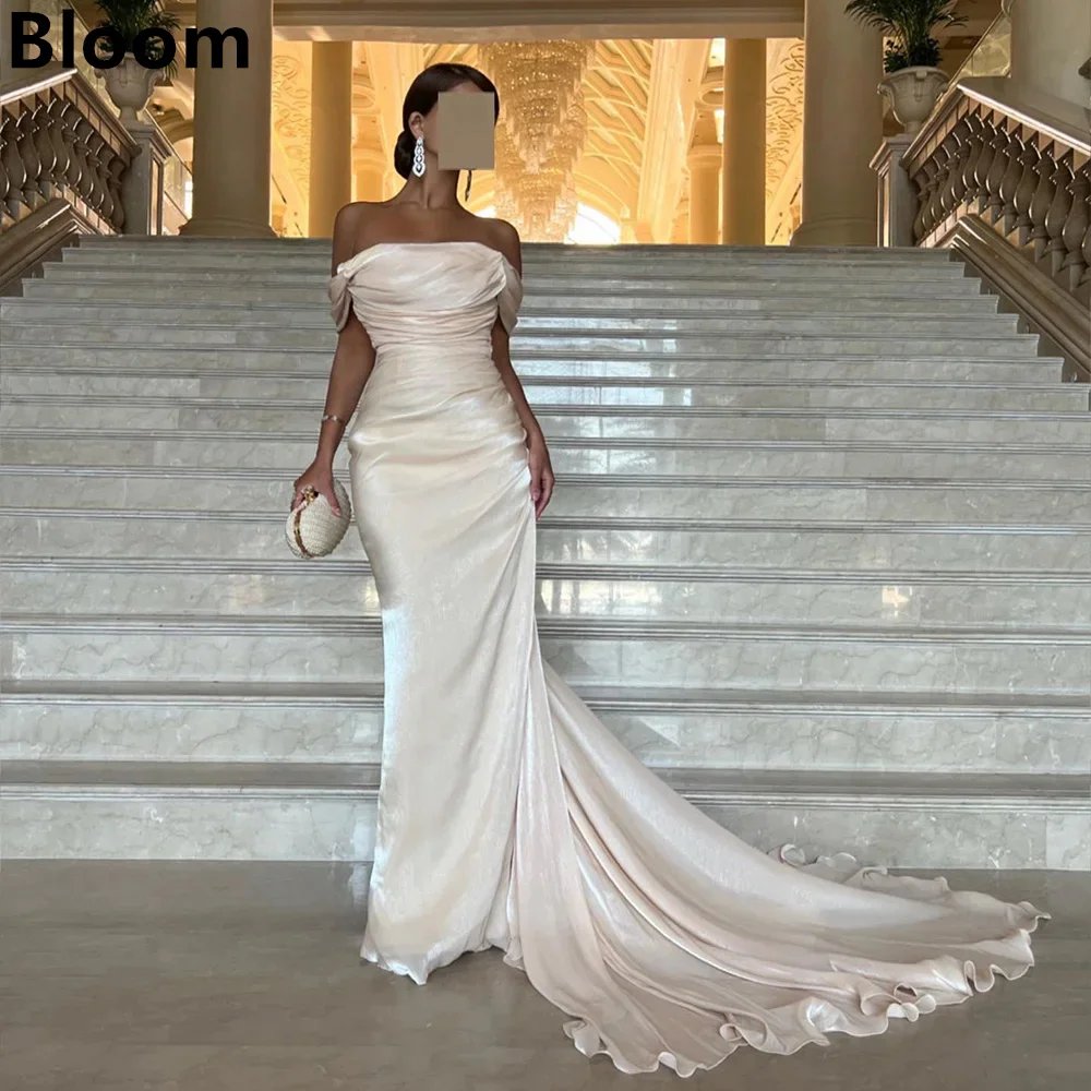 

Bloom Elegant Off Shoulder Strapless Arabic Mermaid Beige Evening Dress for Women Wedding Party Dubai Long Formal Gowns