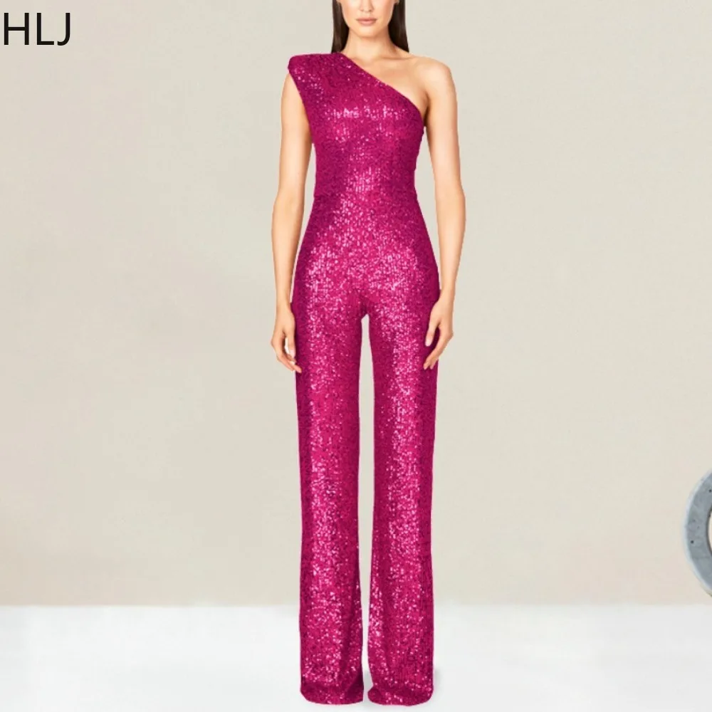 HLJ Elegant Lady Sequin One Shoulder Straight Jumpsuits Women Sleeveless Slim Party Club Playsuits Spring New One Piece Overalls