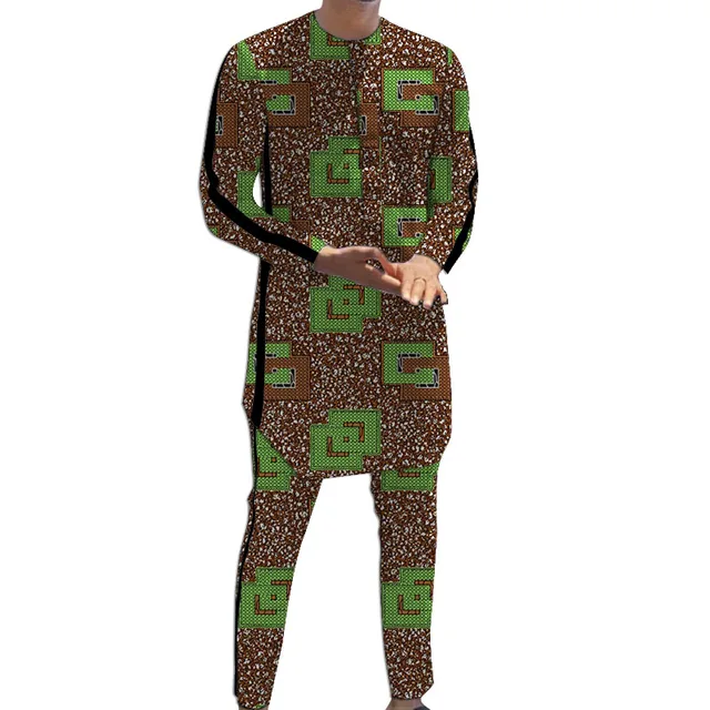 Abito da sposo con striscia nera Camicie + pantaloni con design patchwork Set di pantaloni da uomo stampati African Couture 1