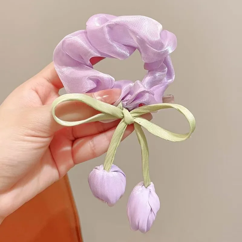 3Pcs Frühling Limited Edition Tulpe Haarbänder Fee Stil Satin Hairstring Bogen Hängende Blume Gummiband Weibliche Haar Krawatten – Detail 6